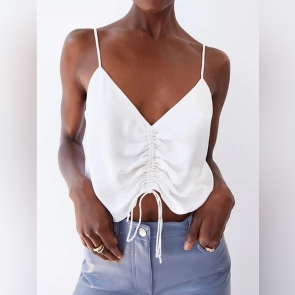 Aritzia Wilfred Vegan Silk Ruched Camisole Crop Tank Top White Straps Small